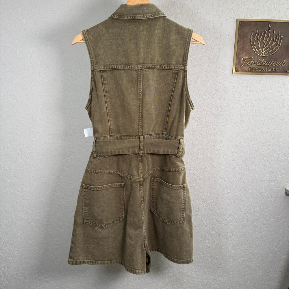 Avec Les Filles Denim Romper Olive Green Sleeveless Belted Utility Snap‎ Front L - Picture 10 of 10